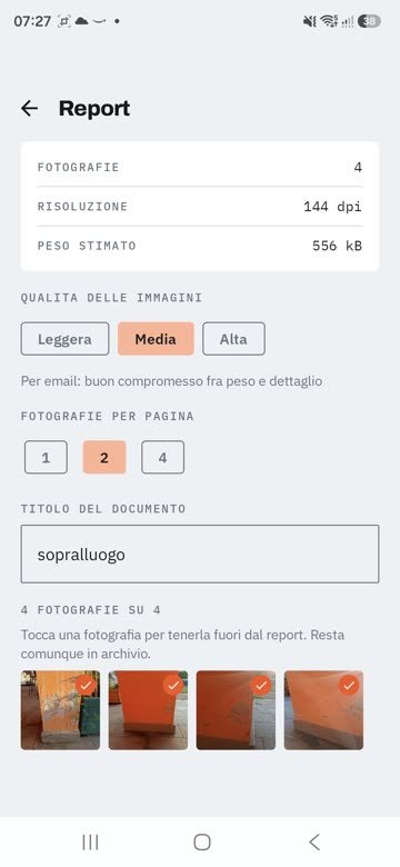 Schermata di generazione del PDF con qualità immagine, foto per pagina e anteprima delle foto incluse nel report