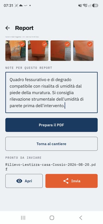 Report PDF pronto con il pulsante Invia per condividerlo tramite le app installate sul telefono, come WhatsApp